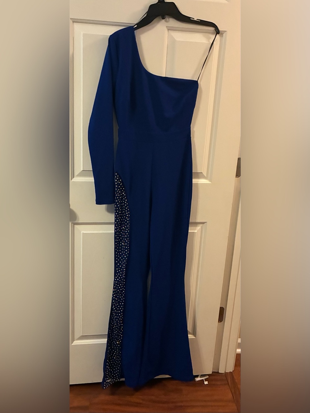 Blue One Sleeve Jumpsuit with Embellished Side Panel